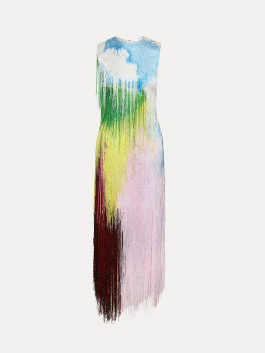 Abstract Watercolor Fringe Cocktail Dress