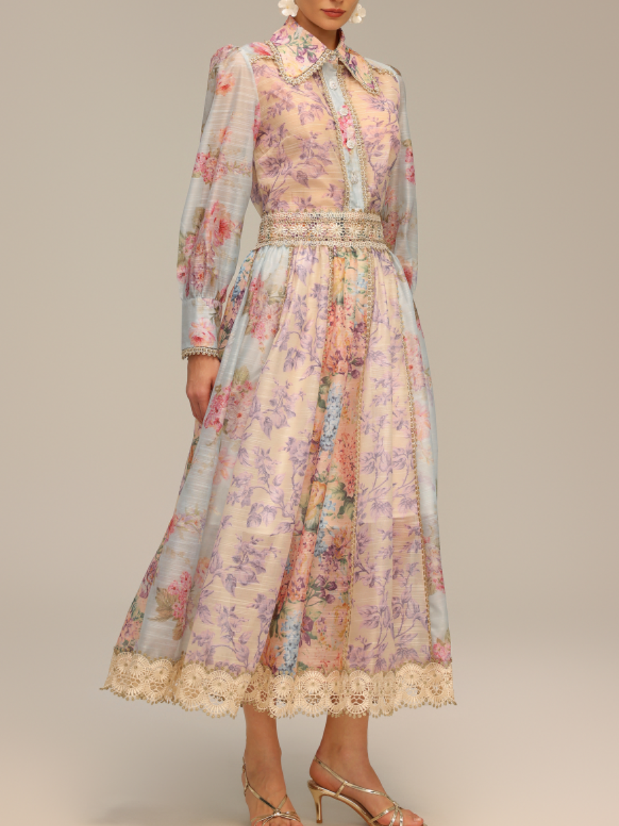 Long-Sleeve Printed Lace Top And Skirt Two-Piece Set