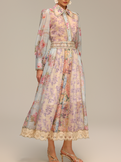 Long-Sleeve Printed Lace Top And Skirt Two-Piece Set