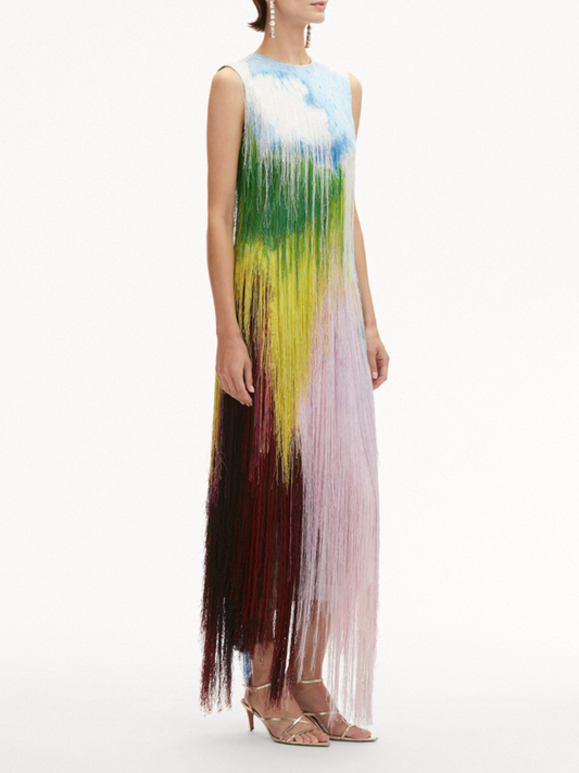 Abstract Watercolor Fringe Cocktail Dress