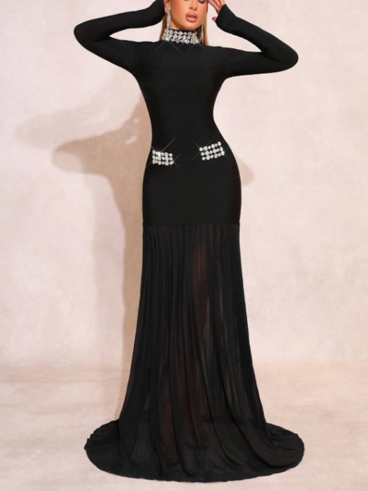 Black Slim-Fit Long Sleeve Evening Gown