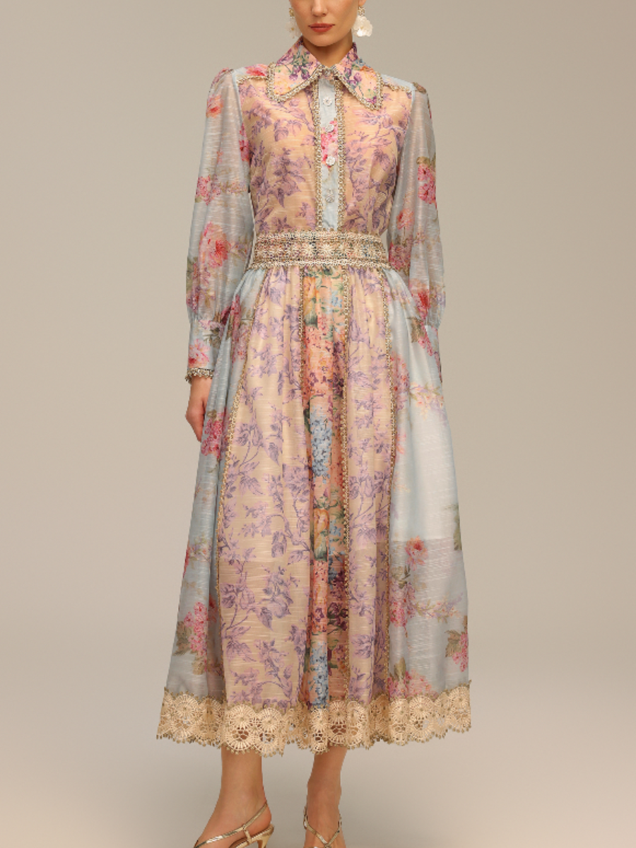 Long-Sleeve Printed Lace Top And Skirt Two-Piece Set