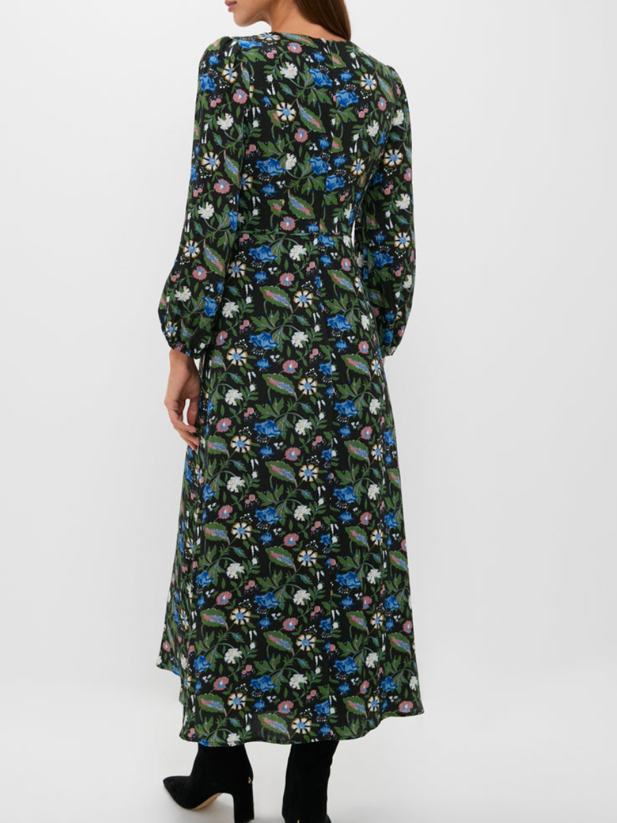 Puff-Sleeve Crewneck Printed Dress