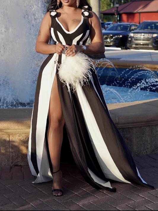 Backless V-Strap Floral Shoulder Dress