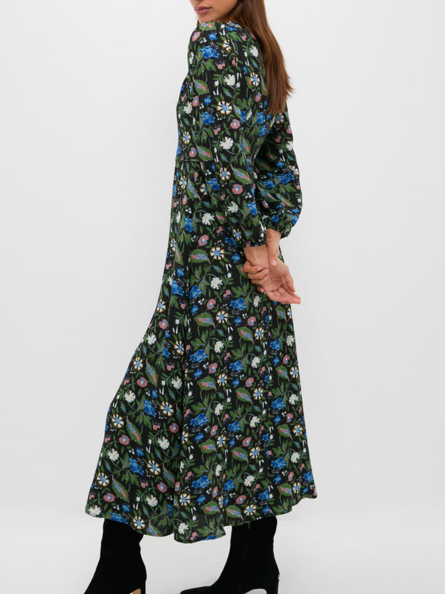 Puff-Sleeve Crewneck Printed Dress