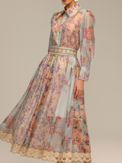 Long-Sleeve Printed Lace Top And Skirt Two-Piece Set