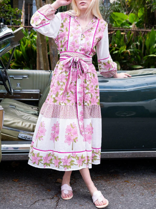 Pink Rhododendron Ruffled Maxi Dress