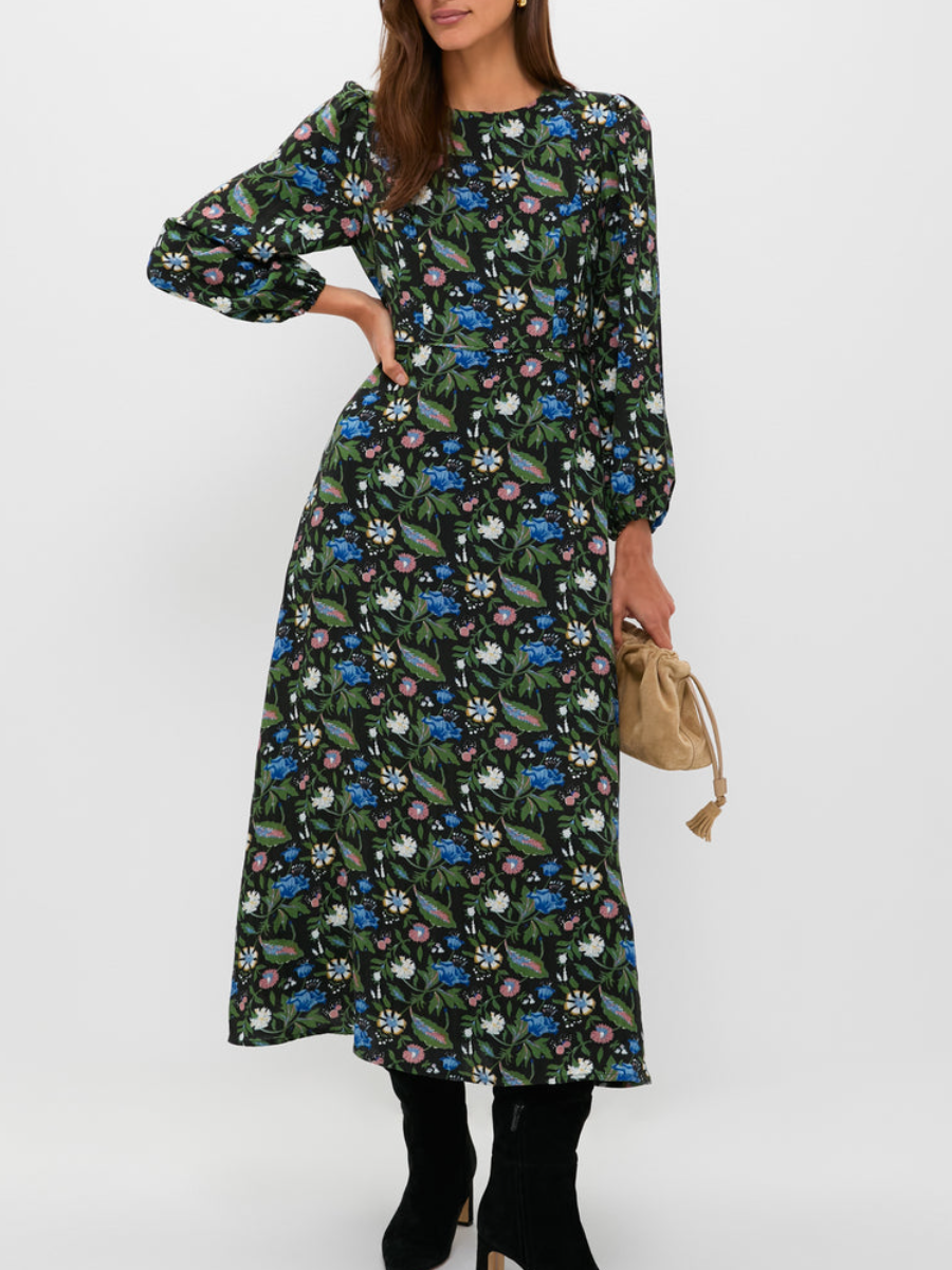 Puff-Sleeve Crewneck Printed Dress