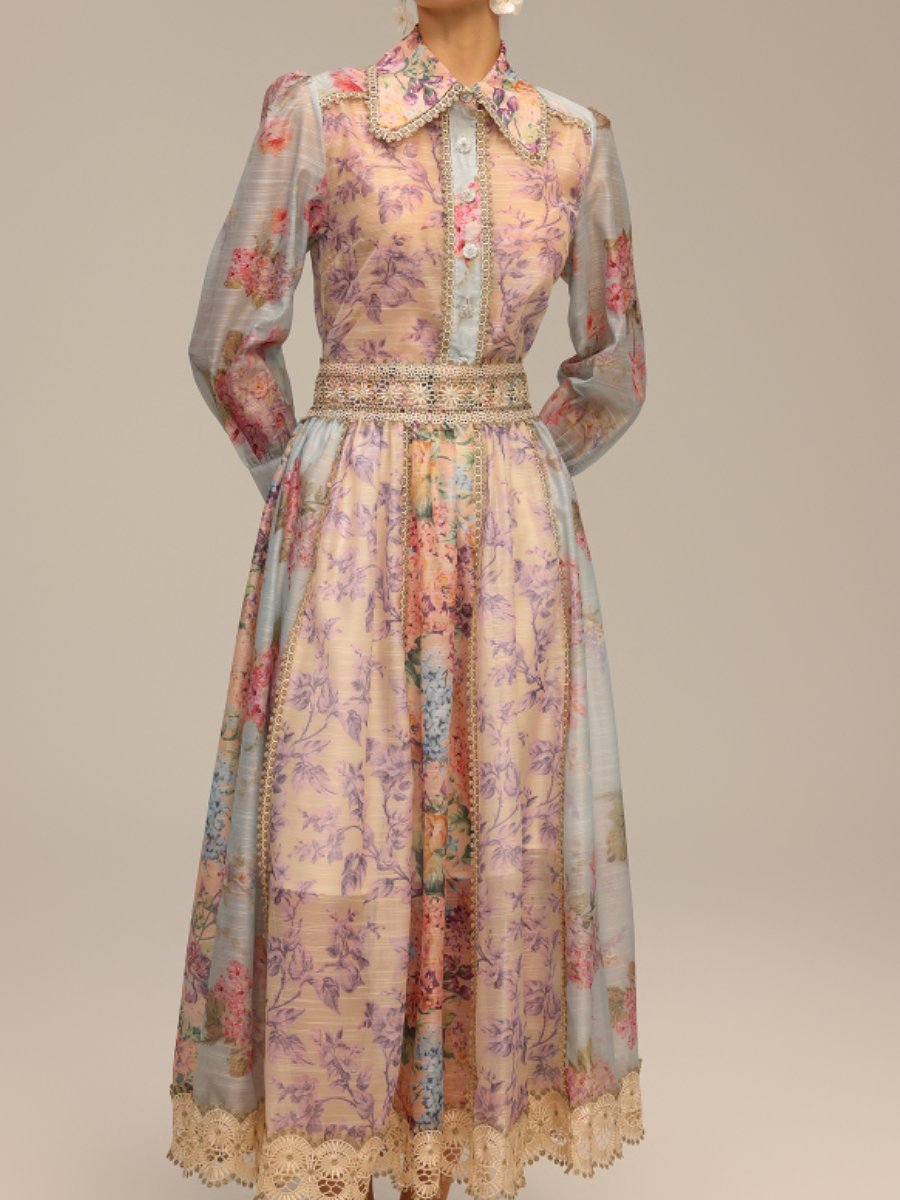 Long-Sleeve Printed Lace Top And Skirt Two-Piece Set