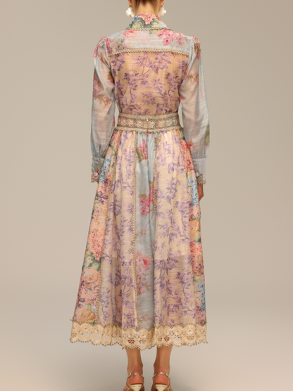 Long-Sleeve Printed Lace Top And Skirt Two-Piece Set