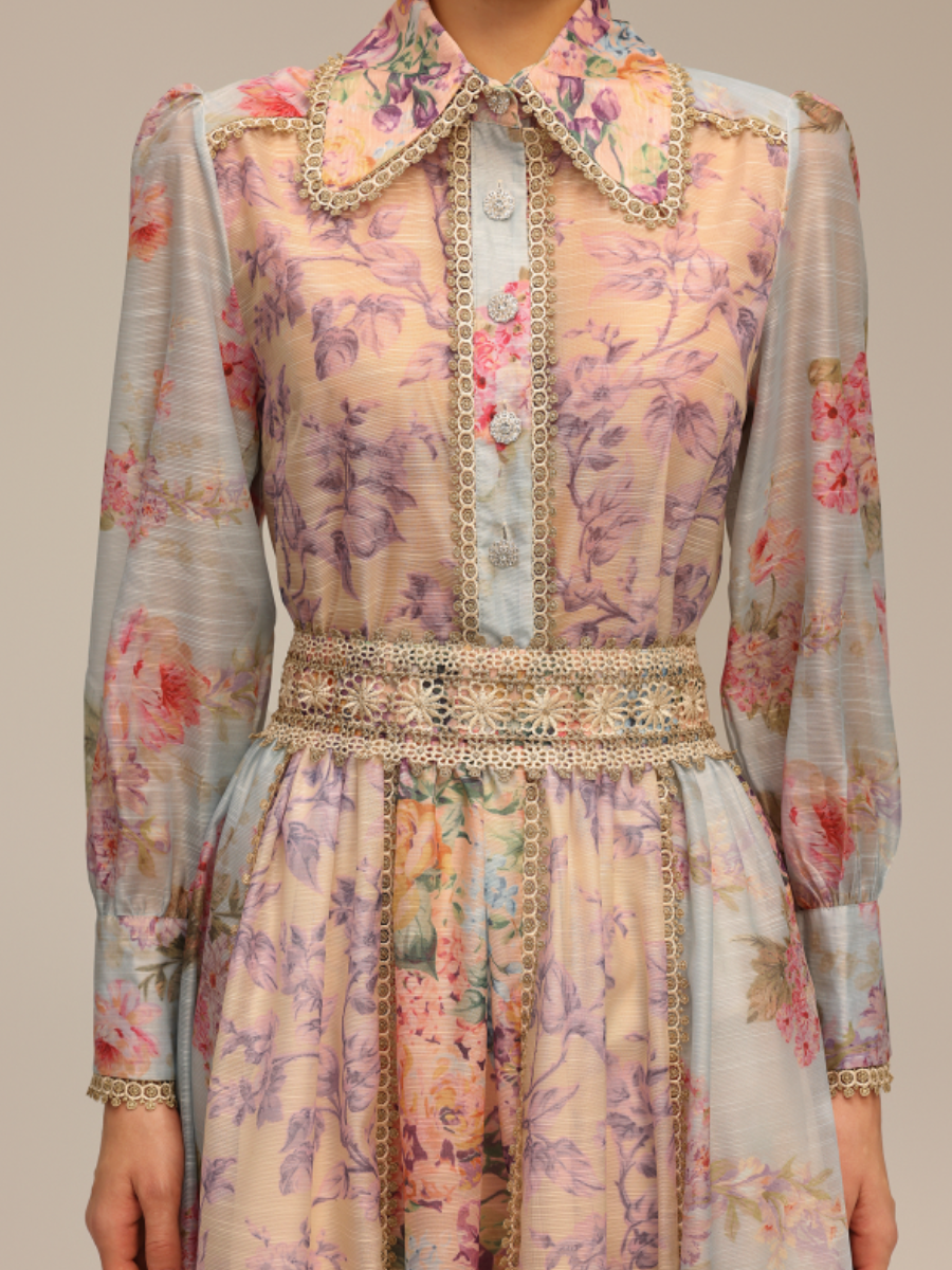 Long-Sleeve Printed Lace Top And Skirt Two-Piece Set