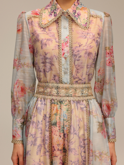 Long-Sleeve Printed Lace Top And Skirt Two-Piece Set